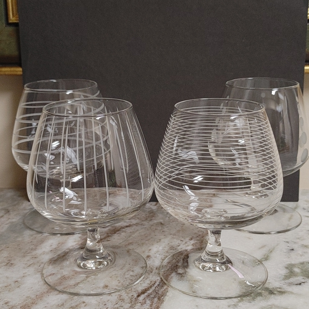 Set of 4 ARC France Etched Glass Snifters
